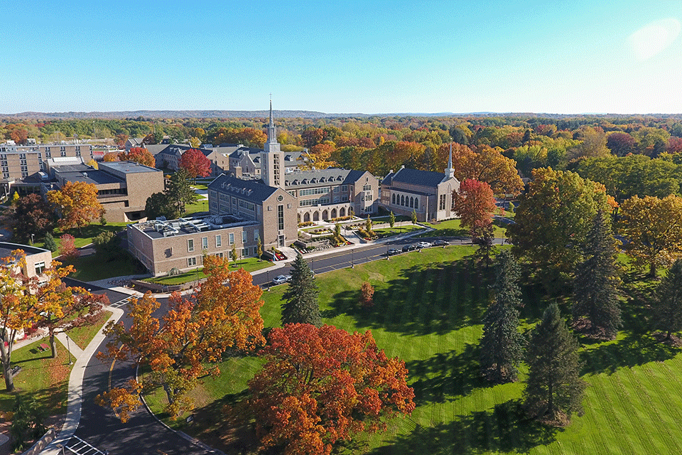 Aerial view of ϲַȫ Fisher University's campus in the fall.
